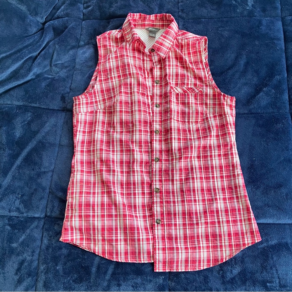 Eddie Bauer Red Plaid Sleeveless Button-Down Shirt